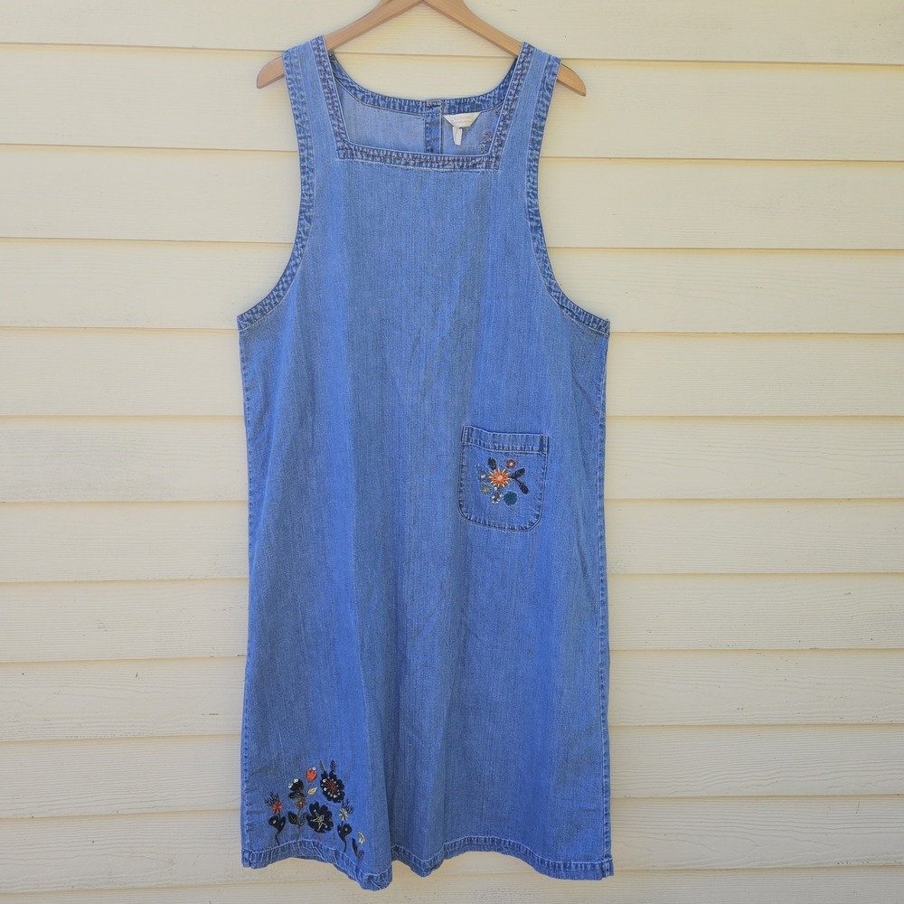 Vtg Christopher & Bank Jumper Overall Denim Dress 18W Embroidered Fall Floral